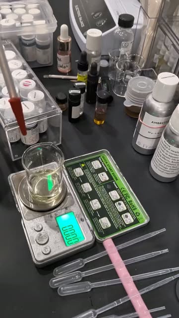 Vivian’s blending bench: scale, beaker, pipettes and accord bottles