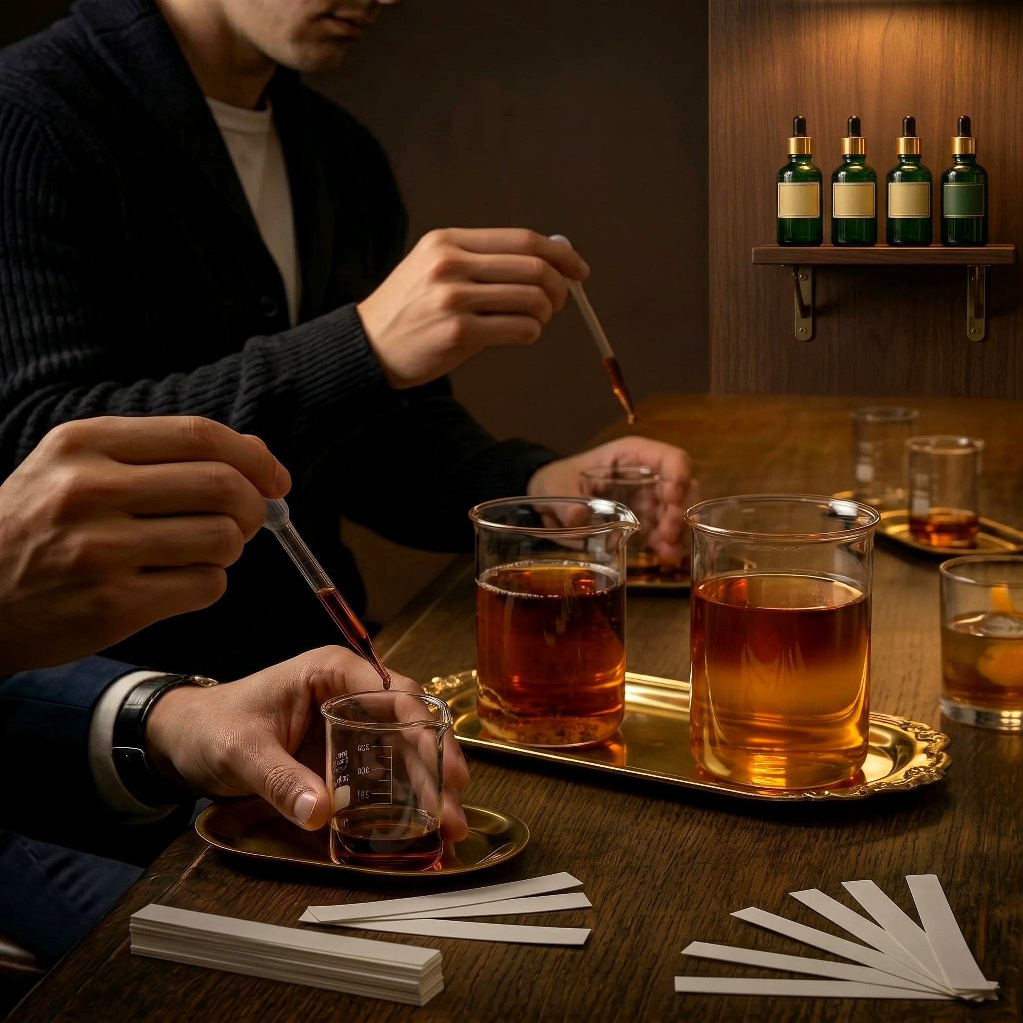 Pipettes and amber beakers on a brass tray at the bar