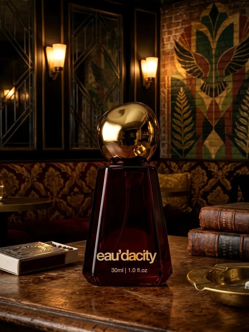 The Eau’dacity Icon bottle, garnet glass with a gold ball cap, in an Art Deco lounge