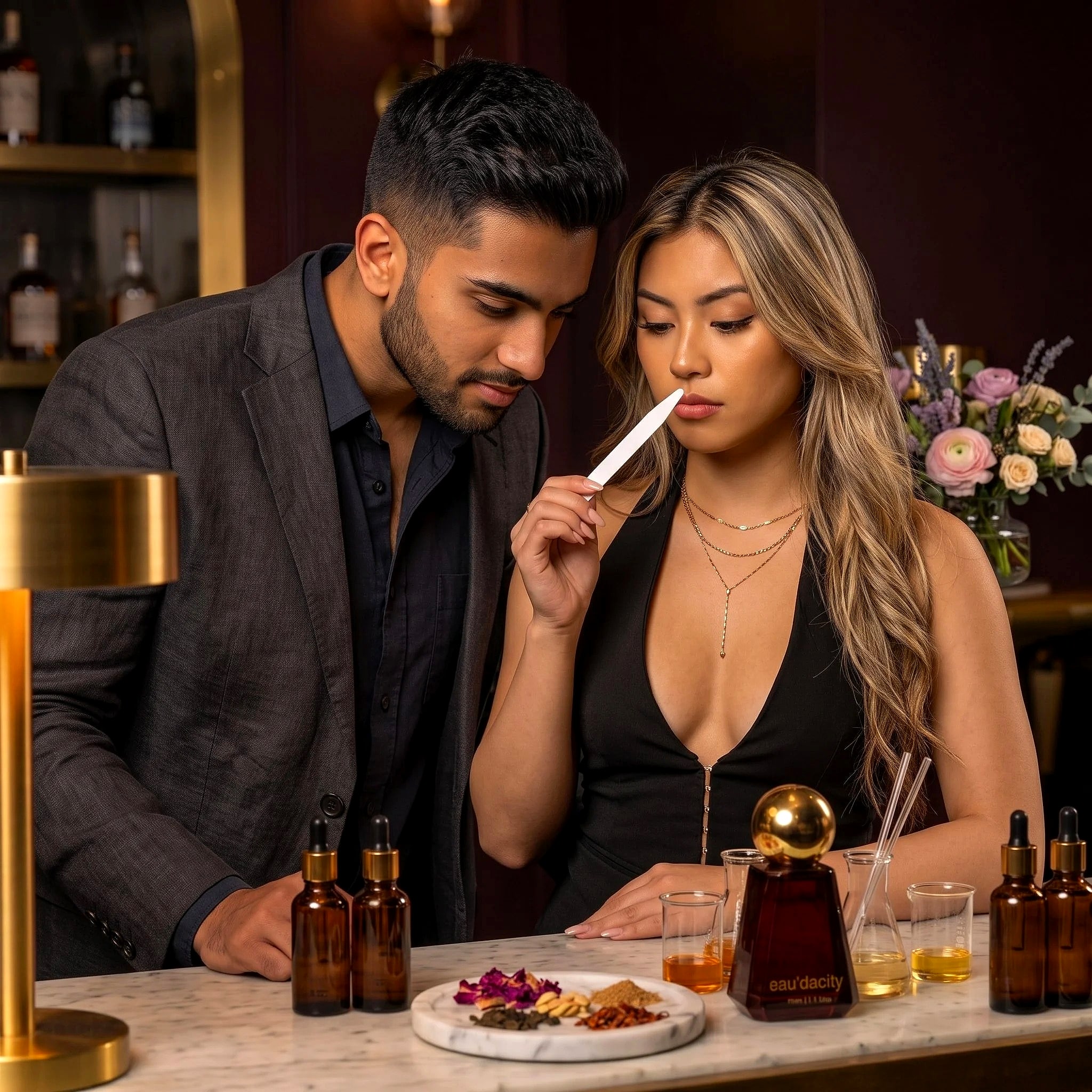 A couple smelling a perfume blotter at the Eau’dacity bar
