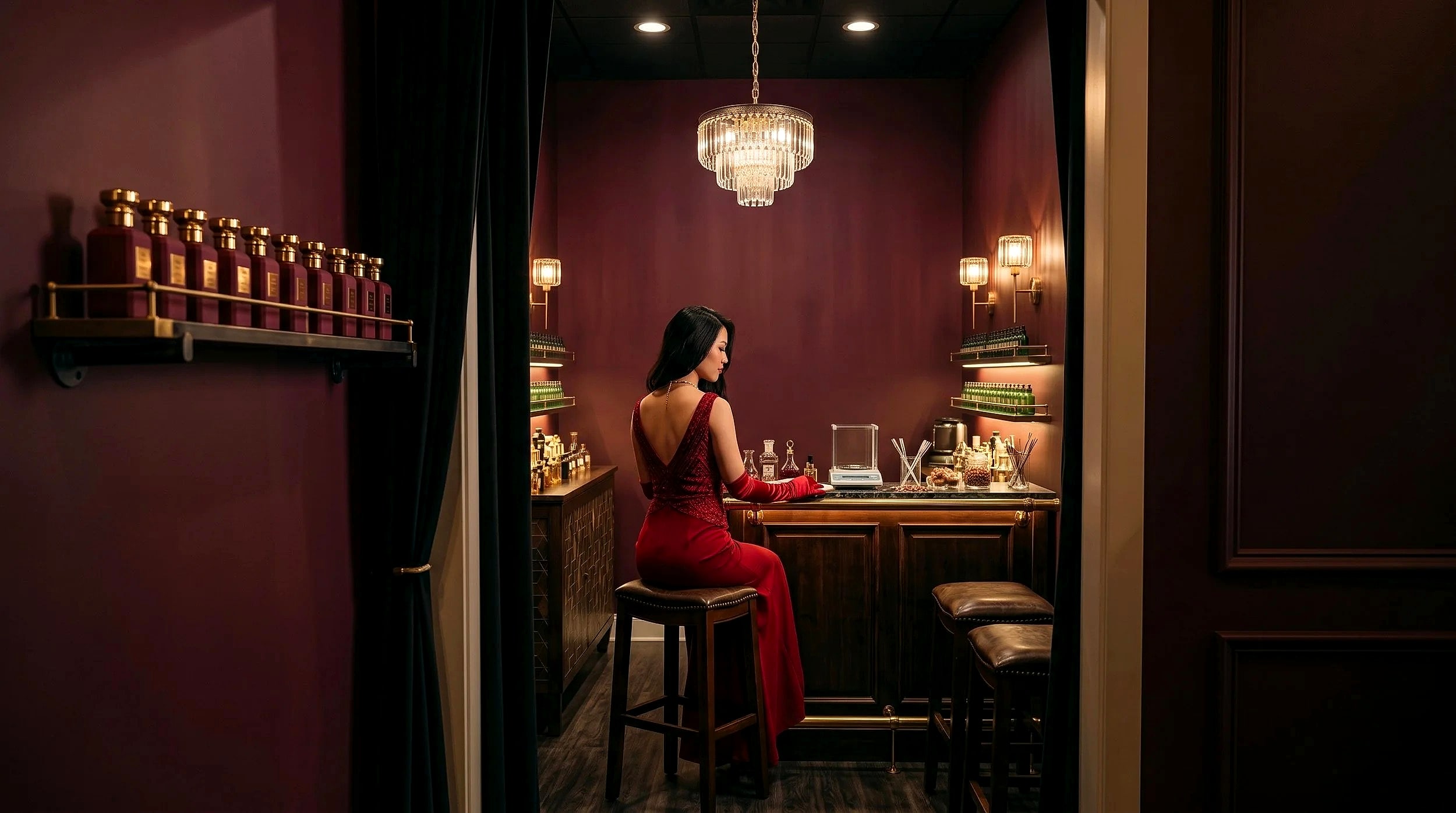 A guest in red at the Eau’dacity perfume bar, under a crystal chandelier